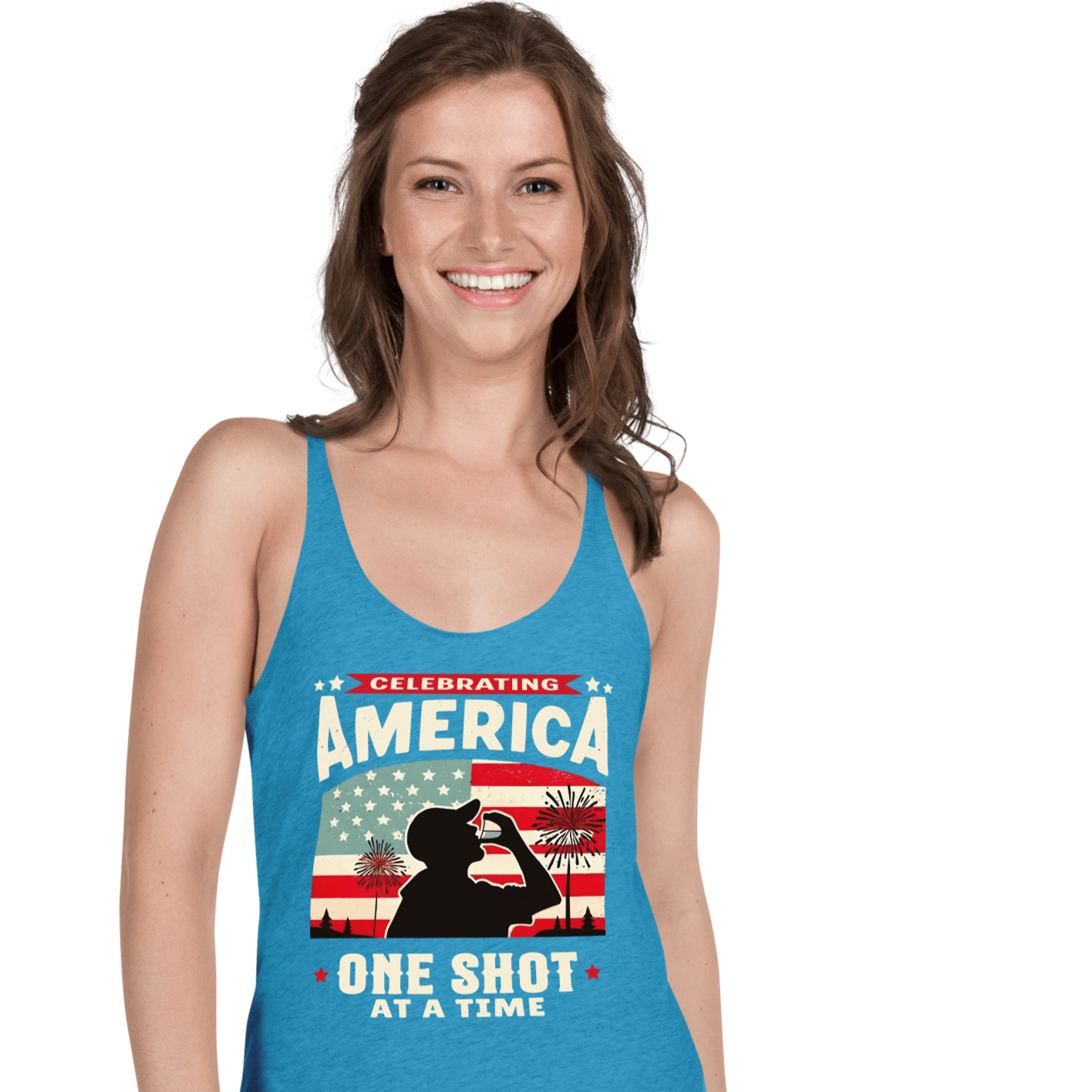 Racerback tank with Celebrating America One Shot at a Time text, silhouette of a man drinking a shot, and distressed American flag background. Perfect for 4th of July.