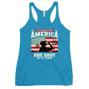 Racerback tank with Celebrating America One Shot at a Time text, silhouette of a man drinking a shot, and distressed American flag background. Perfect for 4th of July.