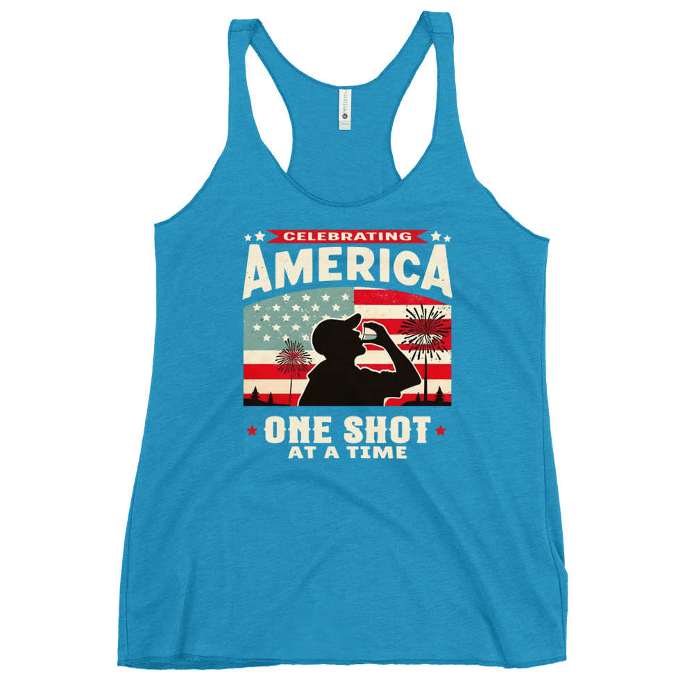 Racerback tank with Celebrating America One Shot at a Time text, silhouette of a man drinking a shot, and distressed American flag background. Perfect for 4th of July.