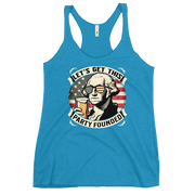 Racerback tank with Let's Get This Party Founded text, George Washington drinking a beer, and distressed American flag background. Perfect for 4th of July.