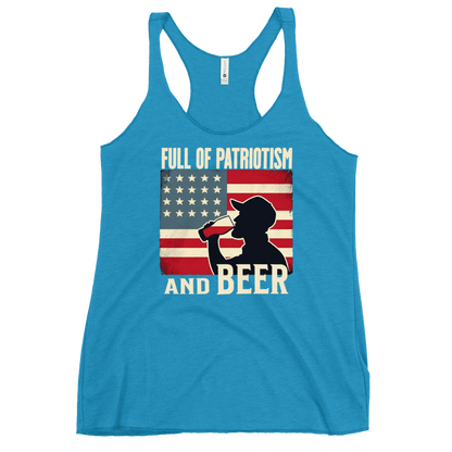 Racerback tank with Full of Patriotism and Beer text and a distressed American flag background. Perfect for 4th of July.