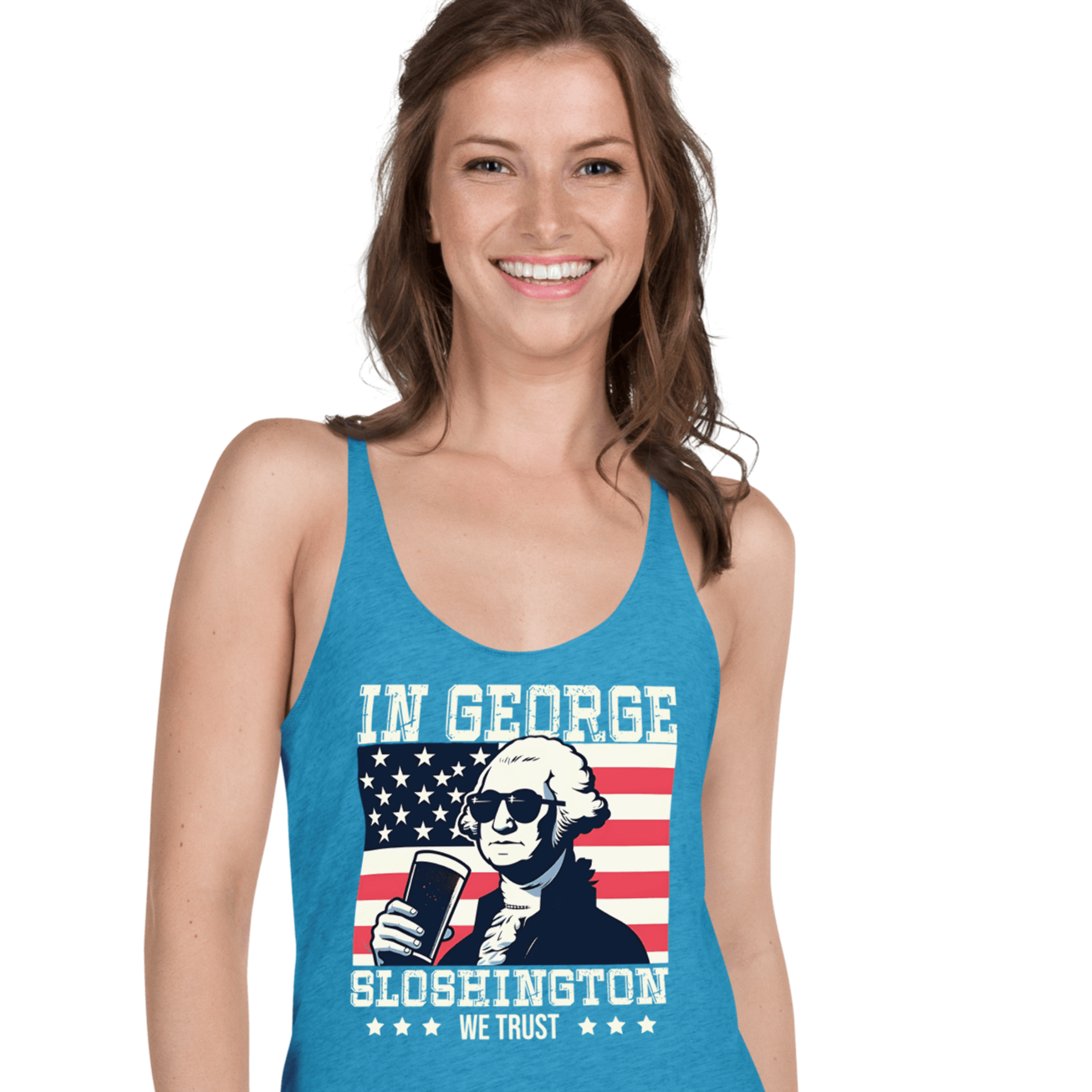 Racerback tank with In George Sloshington We Trust text, image of George Washington drinking a beer, and distressed American flag background. Perfect for 4th of July.