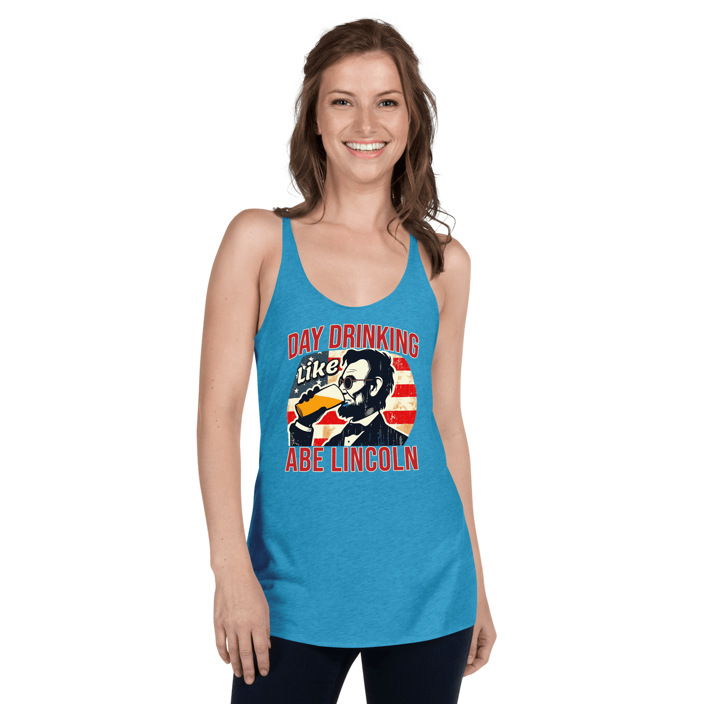 Racerback tank with Day Drinking Like Abe Lincoln text, image of Abe Lincoln drinking a glass of beer, and distressed American flag background. Perfect for 4th of July.